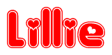 The image is a red and white graphic with the word Lillie written in a decorative script. Each letter in  is contained within its own outlined bubble-like shape. Inside each letter, there is a white heart symbol.