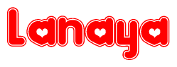 The image is a red and white graphic with the word Lanaya written in a decorative script. Each letter in  is contained within its own outlined bubble-like shape. Inside each letter, there is a white heart symbol.