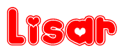 The image is a clipart featuring the word Lisar written in a stylized font with a heart shape replacing inserted into the center of each letter. The color scheme of the text and hearts is red with a light outline.