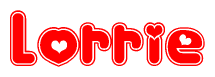 The image is a clipart featuring the word Lorrie written in a stylized font with a heart shape replacing inserted into the center of each letter. The color scheme of the text and hearts is red with a light outline.