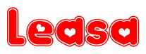 The image is a red and white graphic with the word Leasa written in a decorative script. Each letter in  is contained within its own outlined bubble-like shape. Inside each letter, there is a white heart symbol.