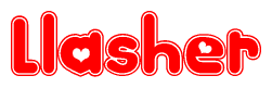 The image is a clipart featuring the word Llasher written in a stylized font with a heart shape replacing inserted into the center of each letter. The color scheme of the text and hearts is red with a light outline.
