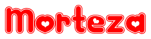 The image is a clipart featuring the word Morteza written in a stylized font with a heart shape replacing inserted into the center of each letter. The color scheme of the text and hearts is red with a light outline.