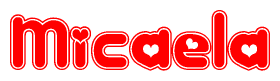 The image is a red and white graphic with the word Micaela written in a decorative script. Each letter in  is contained within its own outlined bubble-like shape. Inside each letter, there is a white heart symbol.