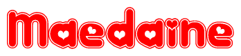 The image is a red and white graphic with the word Maedaine written in a decorative script. Each letter in  is contained within its own outlined bubble-like shape. Inside each letter, there is a white heart symbol.