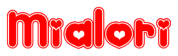 The image is a clipart featuring the word Mialori written in a stylized font with a heart shape replacing inserted into the center of each letter. The color scheme of the text and hearts is red with a light outline.