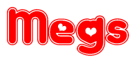 The image is a red and white graphic with the word Megs written in a decorative script. Each letter in  is contained within its own outlined bubble-like shape. Inside each letter, there is a white heart symbol.