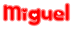 The image is a clipart featuring the word Miguel written in a stylized font with a heart shape replacing inserted into the center of each letter. The color scheme of the text and hearts is red with a light outline.