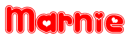 The image is a clipart featuring the word Marnie written in a stylized font with a heart shape replacing inserted into the center of each letter. The color scheme of the text and hearts is red with a light outline.