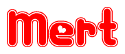 The image is a red and white graphic with the word Mert written in a decorative script. Each letter in  is contained within its own outlined bubble-like shape. Inside each letter, there is a white heart symbol.