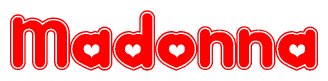 The image is a clipart featuring the word Madonna written in a stylized font with a heart shape replacing inserted into the center of each letter. The color scheme of the text and hearts is red with a light outline.