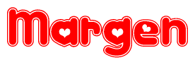 The image is a clipart featuring the word Margen written in a stylized font with a heart shape replacing inserted into the center of each letter. The color scheme of the text and hearts is red with a light outline.