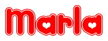 The image is a red and white graphic with the word Marla written in a decorative script. Each letter in  is contained within its own outlined bubble-like shape. Inside each letter, there is a white heart symbol.
