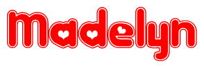 The image is a red and white graphic with the word Madelyn written in a decorative script. Each letter in  is contained within its own outlined bubble-like shape. Inside each letter, there is a white heart symbol.