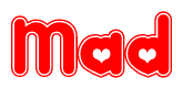 The image is a red and white graphic with the word Mad written in a decorative script. Each letter in  is contained within its own outlined bubble-like shape. Inside each letter, there is a white heart symbol.