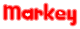 The image is a red and white graphic with the word Markey written in a decorative script. Each letter in  is contained within its own outlined bubble-like shape. Inside each letter, there is a white heart symbol.