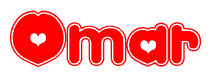 The image is a red and white graphic with the word Omar written in a decorative script. Each letter in  is contained within its own outlined bubble-like shape. Inside each letter, there is a white heart symbol.