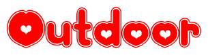 The image is a red and white graphic with the word Outdoor written in a decorative script. Each letter in  is contained within its own outlined bubble-like shape. Inside each letter, there is a white heart symbol.