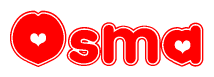 The image is a red and white graphic with the word Osma written in a decorative script. Each letter in  is contained within its own outlined bubble-like shape. Inside each letter, there is a white heart symbol.