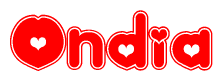 The image is a clipart featuring the word Ondia written in a stylized font with a heart shape replacing inserted into the center of each letter. The color scheme of the text and hearts is red with a light outline.