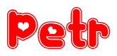 The image is a clipart featuring the word Petr written in a stylized font with a heart shape replacing inserted into the center of each letter. The color scheme of the text and hearts is red with a light outline.