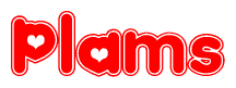 The image displays the word Plams written in a stylized red font with hearts inside the letters.