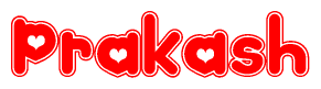 The image is a clipart featuring the word Prakash written in a stylized font with a heart shape replacing inserted into the center of each letter. The color scheme of the text and hearts is red with a light outline.