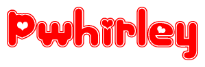 The image is a clipart featuring the word Pwhirley written in a stylized font with a heart shape replacing inserted into the center of each letter. The color scheme of the text and hearts is red with a light outline.