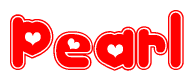 The image is a red and white graphic with the word Pearl written in a decorative script. Each letter in  is contained within its own outlined bubble-like shape. Inside each letter, there is a white heart symbol.