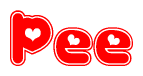 The image displays the word Pee written in a stylized red font with hearts inside the letters.