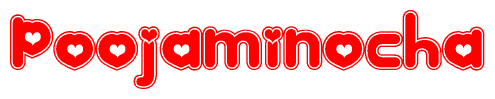 The image is a clipart featuring the word Poojaminocha written in a stylized font with a heart shape replacing inserted into the center of each letter. The color scheme of the text and hearts is red with a light outline.