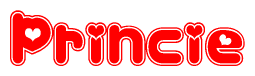 The image is a red and white graphic with the word Princie written in a decorative script. Each letter in  is contained within its own outlined bubble-like shape. Inside each letter, there is a white heart symbol.