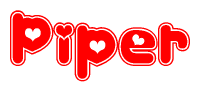 The image is a red and white graphic with the word Piper written in a decorative script. Each letter in  is contained within its own outlined bubble-like shape. Inside each letter, there is a white heart symbol.
