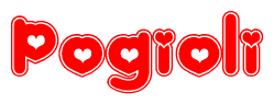 The image is a clipart featuring the word Pogioli written in a stylized font with a heart shape replacing inserted into the center of each letter. The color scheme of the text and hearts is red with a light outline.
