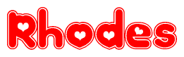 The image is a clipart featuring the word Rhodes written in a stylized font with a heart shape replacing inserted into the center of each letter. The color scheme of the text and hearts is red with a light outline.