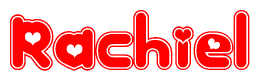 The image is a clipart featuring the word Rachiel written in a stylized font with a heart shape replacing inserted into the center of each letter. The color scheme of the text and hearts is red with a light outline.