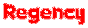 The image is a red and white graphic with the word Regency written in a decorative script. Each letter in  is contained within its own outlined bubble-like shape. Inside each letter, there is a white heart symbol.