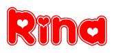 The image is a red and white graphic with the word Rina written in a decorative script. Each letter in  is contained within its own outlined bubble-like shape. Inside each letter, there is a white heart symbol.