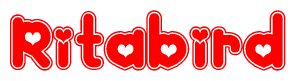 The image is a red and white graphic with the word Ritabird written in a decorative script. Each letter in  is contained within its own outlined bubble-like shape. Inside each letter, there is a white heart symbol.
