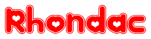 The image is a clipart featuring the word Rhondac written in a stylized font with a heart shape replacing inserted into the center of each letter. The color scheme of the text and hearts is red with a light outline.