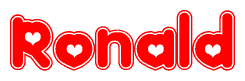 The image is a clipart featuring the word Ronald written in a stylized font with a heart shape replacing inserted into the center of each letter. The color scheme of the text and hearts is red with a light outline.