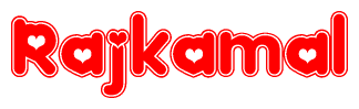 The image displays the word Rajkamal written in a stylized red font with hearts inside the letters.