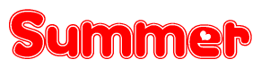 The image is a red and white graphic with the word Summer written in a decorative script. Each letter in  is contained within its own outlined bubble-like shape. Inside each letter, there is a white heart symbol.