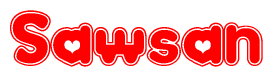The image is a red and white graphic with the word Sawsan written in a decorative script. Each letter in  is contained within its own outlined bubble-like shape. Inside each letter, there is a white heart symbol.