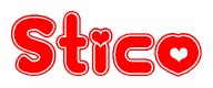The image is a red and white graphic with the word Stico written in a decorative script. Each letter in  is contained within its own outlined bubble-like shape. Inside each letter, there is a white heart symbol.