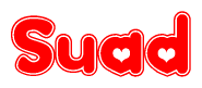 The image is a red and white graphic with the word Suad written in a decorative script. Each letter in  is contained within its own outlined bubble-like shape. Inside each letter, there is a white heart symbol.