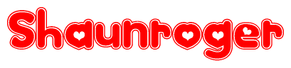 The image is a red and white graphic with the word Shaunroger written in a decorative script. Each letter in  is contained within its own outlined bubble-like shape. Inside each letter, there is a white heart symbol.