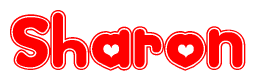 The image is a red and white graphic with the word Sharon written in a decorative script. Each letter in  is contained within its own outlined bubble-like shape. Inside each letter, there is a white heart symbol.