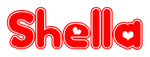 The image is a red and white graphic with the word Shella written in a decorative script. Each letter in  is contained within its own outlined bubble-like shape. Inside each letter, there is a white heart symbol.