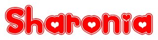 The image is a red and white graphic with the word Sharonia written in a decorative script. Each letter in  is contained within its own outlined bubble-like shape. Inside each letter, there is a white heart symbol.